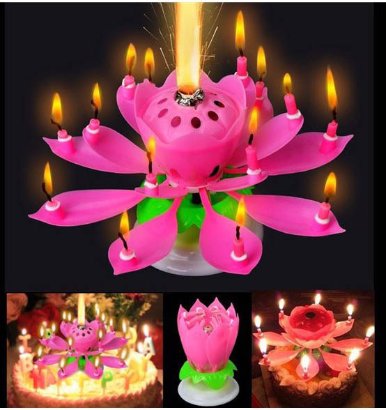 Svíčka hrací, květ s fontánou, růžová, melodie Happy Birthday