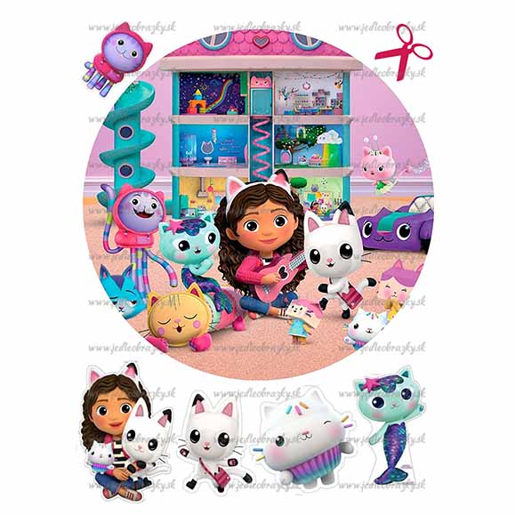 Gabby's Dollhouse jedlý obrázek – velký kruh 20 cm + vystřihovací postavičky