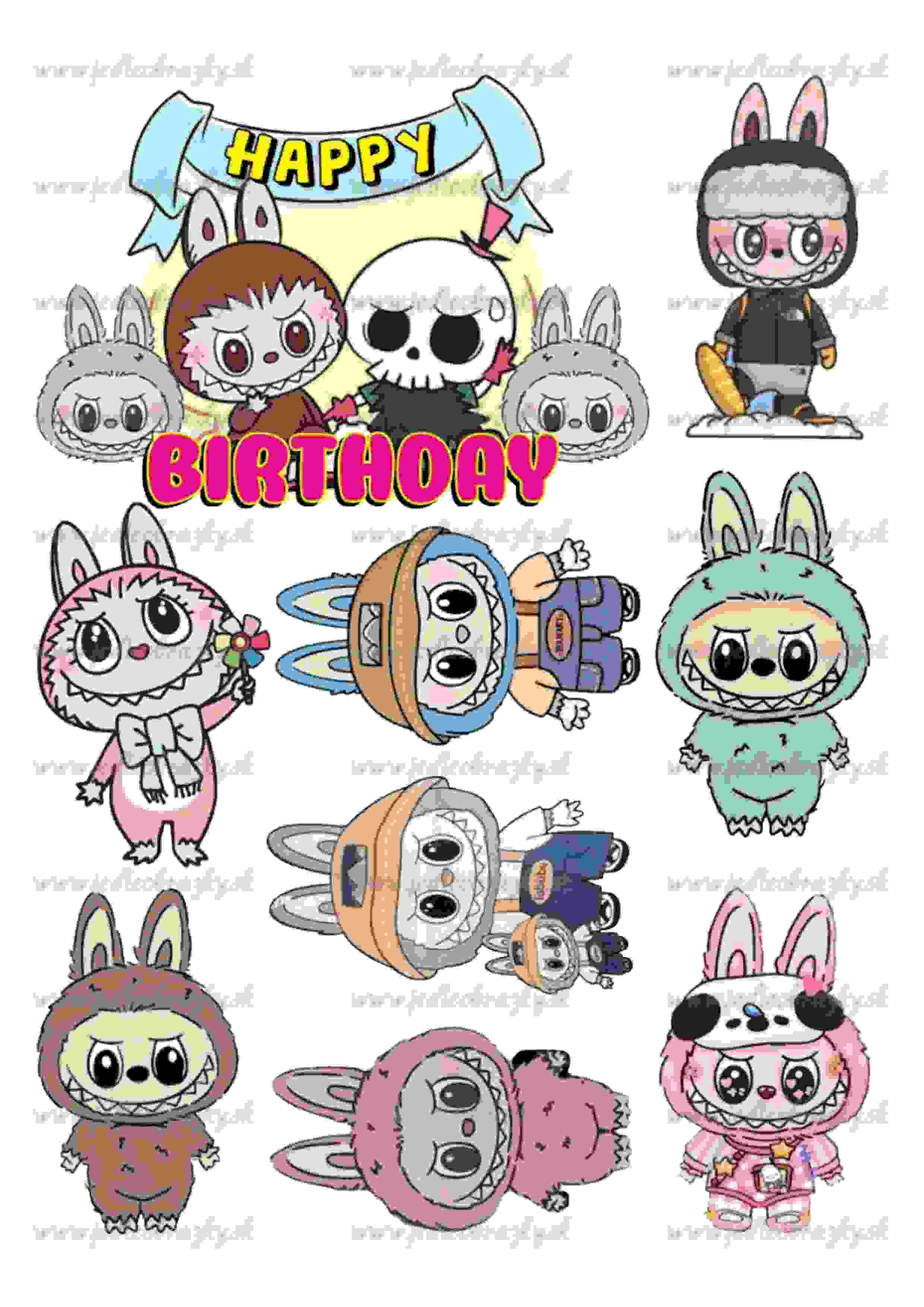 Jedlý obrázek Labubu – mix postaviček Happy Birthday