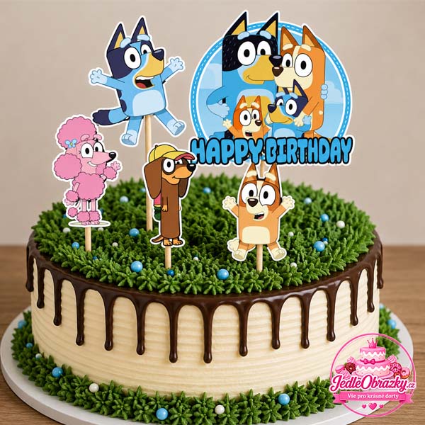 Bluey zápichy na dort – sada 5 ks postaviček + Happy Birthday