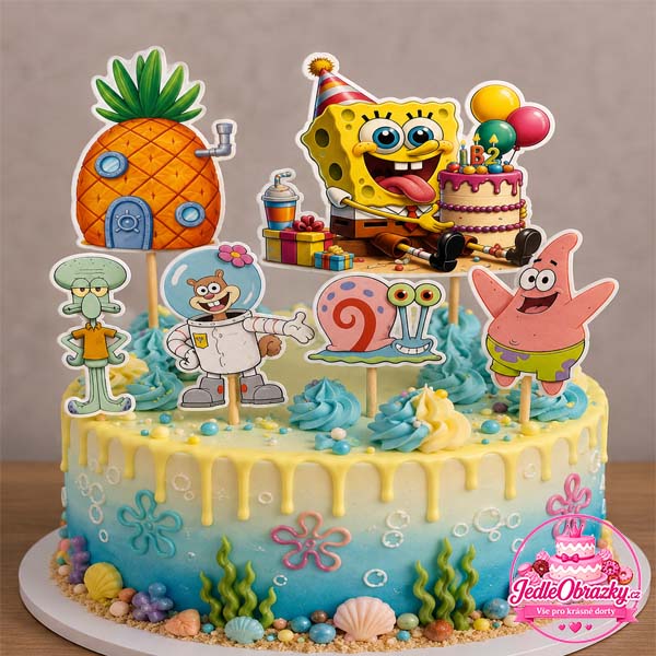 Zápichy SpongeBob na dort – 6 ks dekorací z fotopapíru