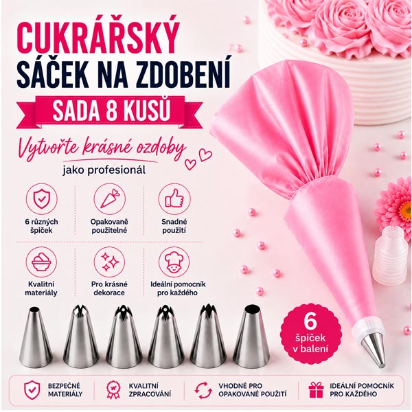 Cukrářský zdobicí sáček se špičkami – sada 8 ks