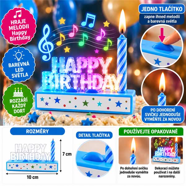 Hudební svíčka na dort HAPPY BIRTHDAY – modrá, LED světla