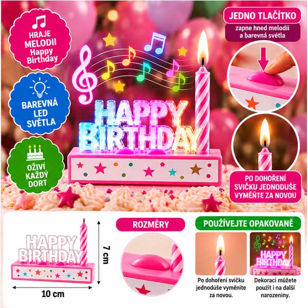 Hudební svíčka na dort HAPPY BIRTHDAY – růžová, LED světla
